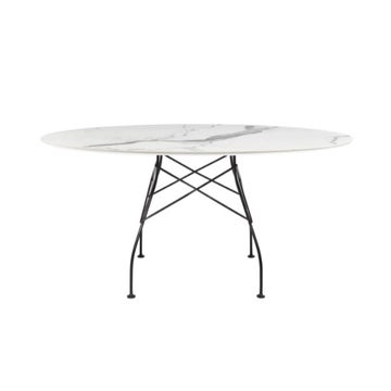 Table ovale GLOSSY de Kartell, 194 x 120 cm, Structure acier noir, Plateau marbre blanc