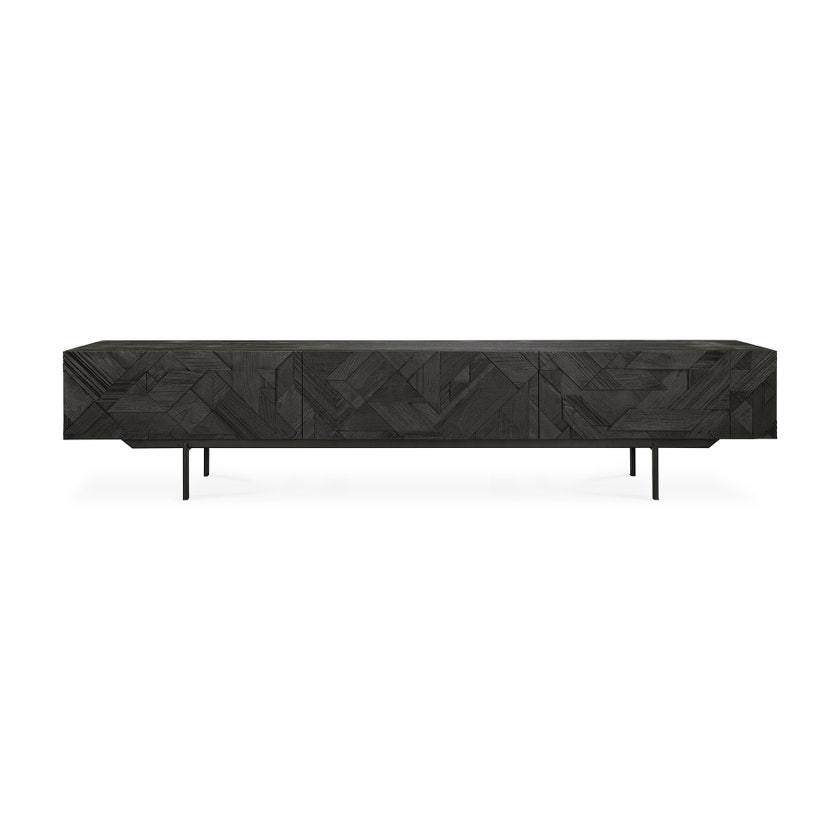 Meuble TV GRAPHIC d'Ethnicraft, L.240 cm, 2 tiroirs / 1 porte abattante, Teck noir Meuble TV GRAPHIC d'Ethnicraft, L.240 cm, 2 tiroirs / 1 porte abattante, Teck noir
