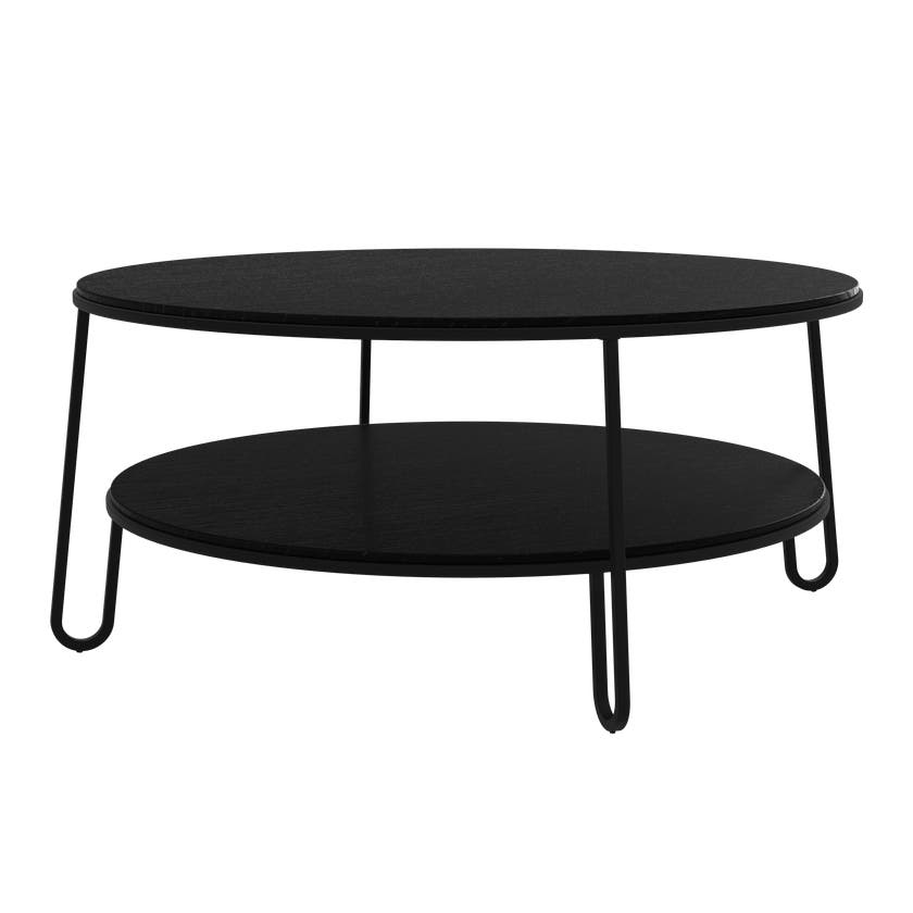 Table basse EUGENIE 90cm, chêne teinté noir, métal noir mat Table basse EUGENIE 90cm, chêne teinté noir, métal noir mat