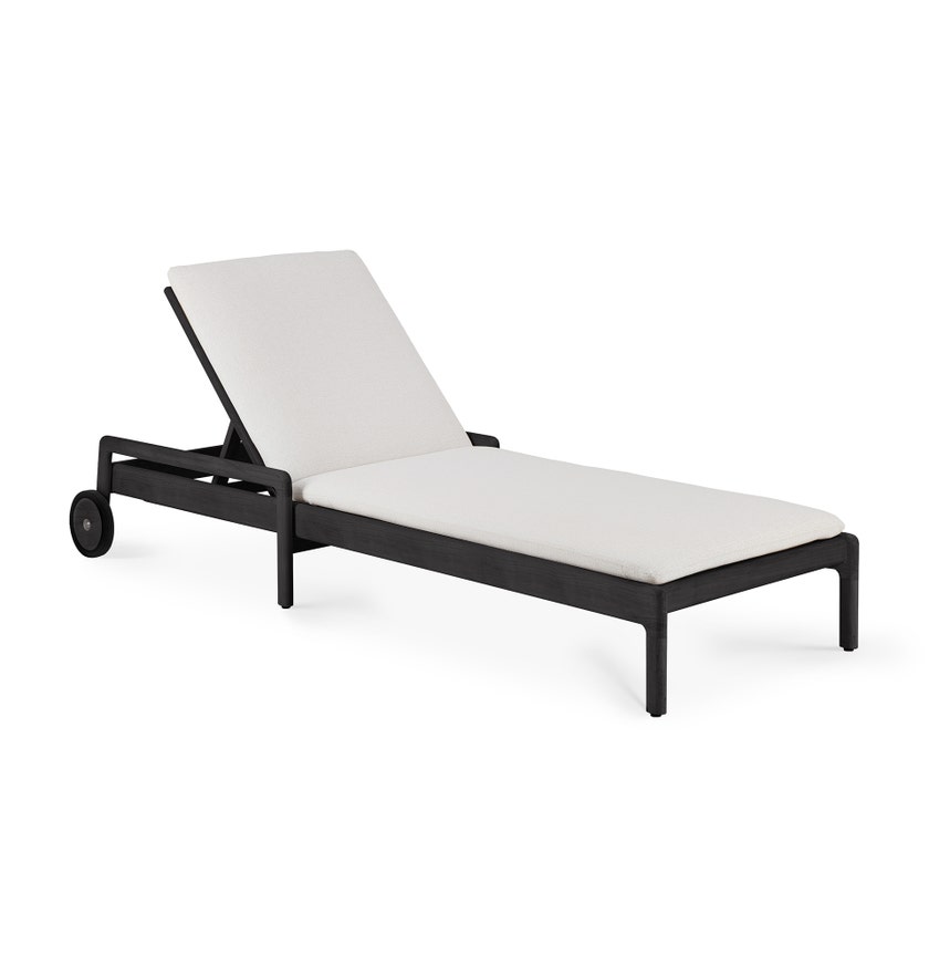 Chaise longue de Jardin ajustable Jack - Teck vernis noir - coussin fin tissu Off White