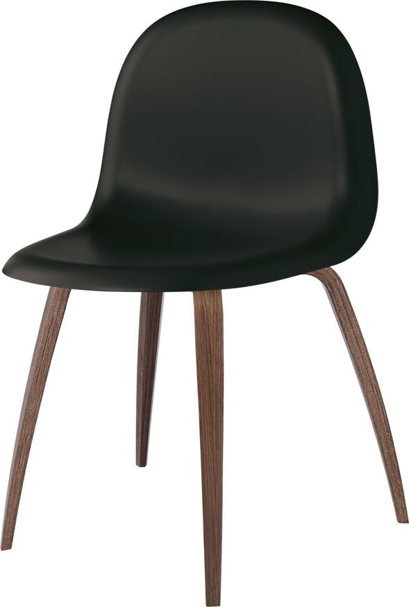 Chaise 3D de Gubi, Assise polypropylène noir, Base noyer laqué semi mat Chaise 3D de Gubi, Assise polypropylène noir, Base noyer laqué semi mat
