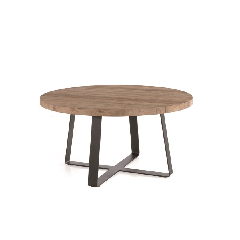 Table ronde FANNY, Structure en acier noir, Plateau en teck recyclé, Ø 90 cm Table ronde FANNY, Structure en acier noir, Plateau en teck recyclé, Ø 90 cm