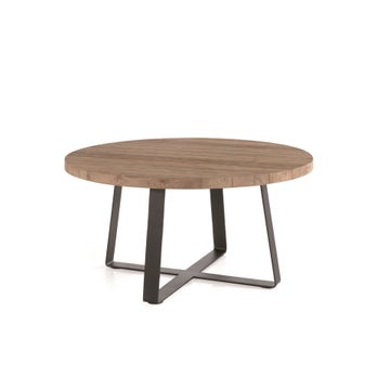 Table ronde FANNY, Structure en acier noir, Plateau en teck recyclé, Ø 130 cm Table ronde FANNY, Structure en acier noir, Plateau en teck recyclé, Ø 130 cm