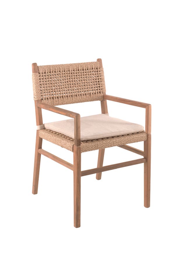Fauteuil de jardin GALDANA, Teck recyclé massif et osier, Avec coussin écru Fauteuil de jardin GALDANA, Teck recyclé massif et osier, Avec coussin écru