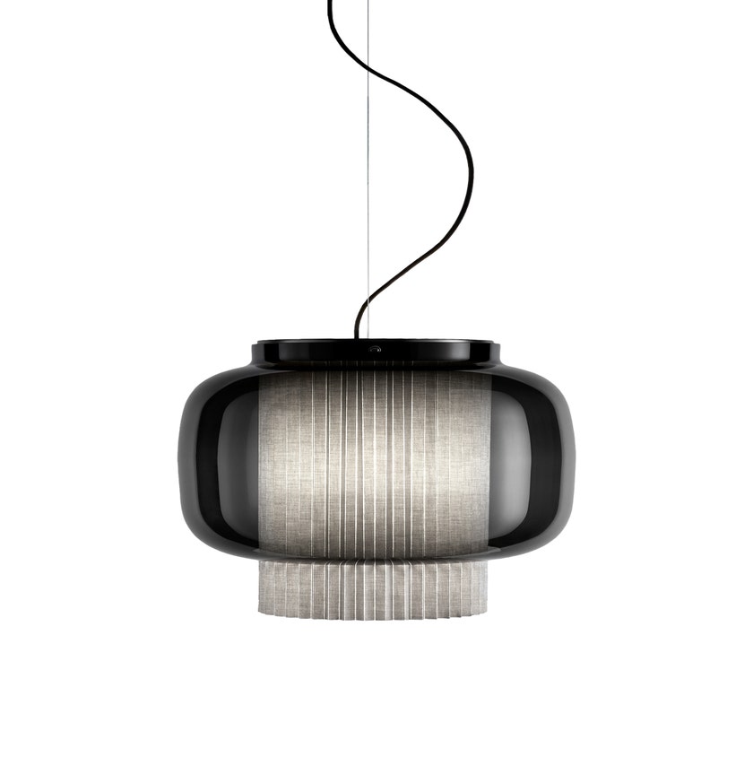 Suspension MANILA T GR GRAPHITE MAT - TEXTILE GRIS - DIFFUSEUR EN VERRE NOIR de Parachilna