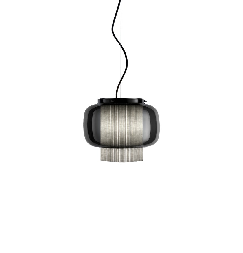 Suspension MANILA T PE GRAPHITE MAT - TEXTILE GRIS - DIFFUSEUR EN VERRE NOIR de Parachilna