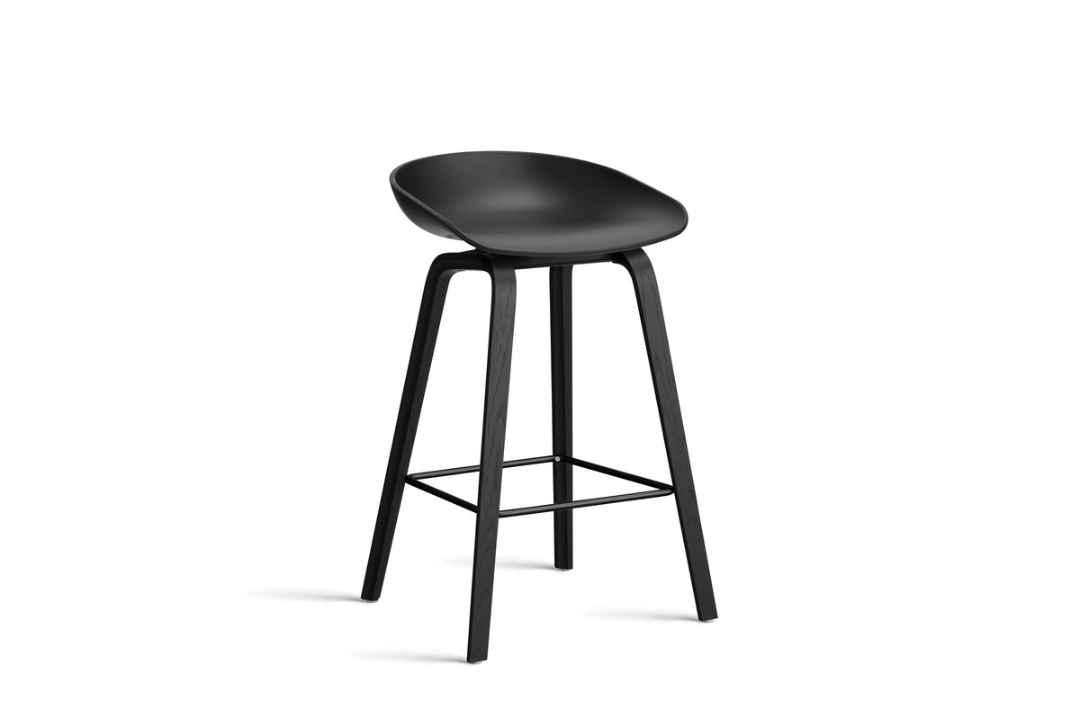 Tabouret AAS32 LOW, H. 64, Pieds en chêne noir, Repose-pieds noir, Black 2.0