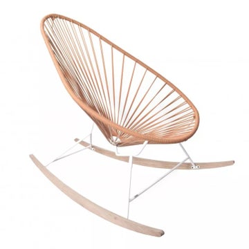 Fauteuil à bascule ACAPULCO de Boqa avec ski bois, Structure blanche, Cuir naturel