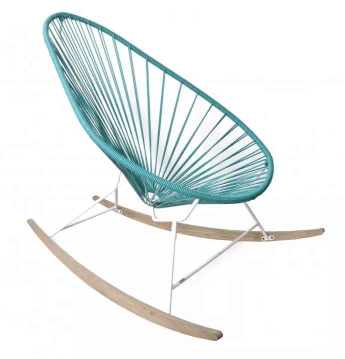 Fauteuil à bascule ACAPULCO de Boqa avec ski bois, Structure blanche, Bleu fjord