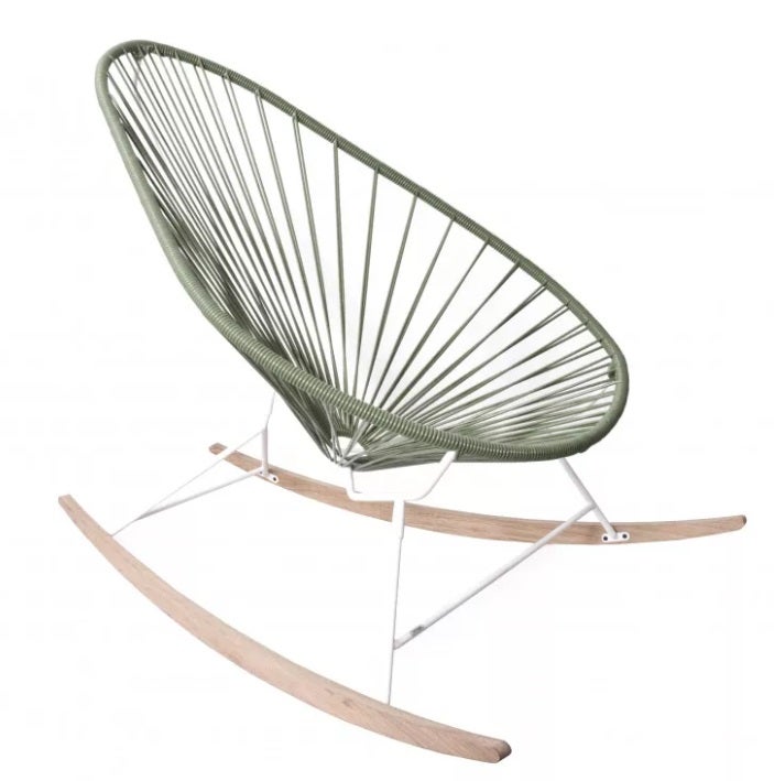 Fauteuil à bascule ACAPULCO de Boqa avec ski bois, Structure blanche, Vert olive Fauteuil à bascule ACAPULCO de Boqa avec ski bois, Structure blanche, Vert olive