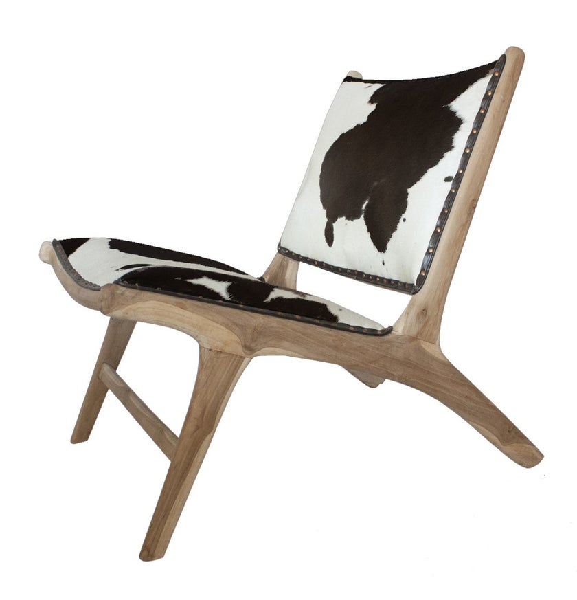 Chaise lounge BORO de Gong, Peau de vache et teck brut