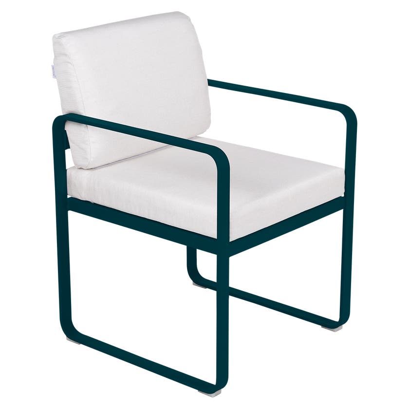 Fauteuil de repas BELLEVIE de Fermob, Bleu acapulco, Coussin Blanc grisé Fauteuil de repas BELLEVIE de Fermob, Bleu acapulco, Coussin Blanc grisé