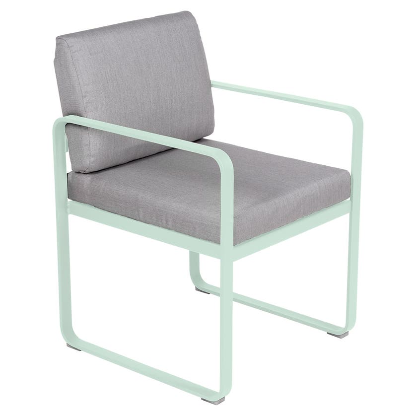 Fauteuil de repas BELLEVIE de Fermob, Menthe glaciale, Coussin Gris flanelle Fauteuil de repas BELLEVIE de Fermob, Menthe glaciale, Coussin Gris flanelle