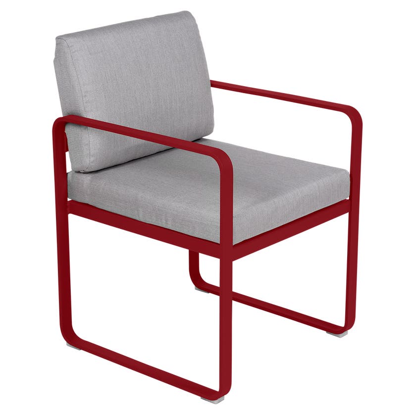 Fauteuil de repas BELLEVIE de Fermob, Piment, Coussin Gris flanelle Fauteuil de repas BELLEVIE de Fermob, Piment, Coussin Gris flanelle