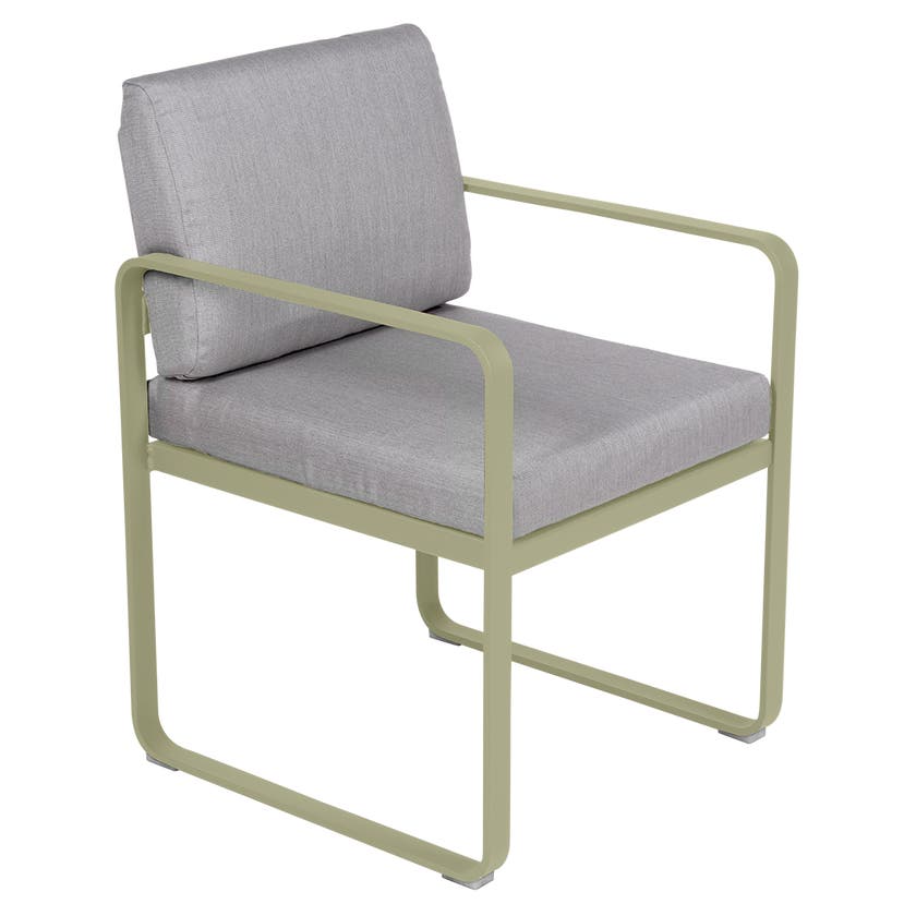 Fauteuil de repas BELLEVIE de Fermob, Tilleul, Coussin Gris flanelle Fauteuil de repas BELLEVIE de Fermob, Tilleul, Coussin Gris flanelle