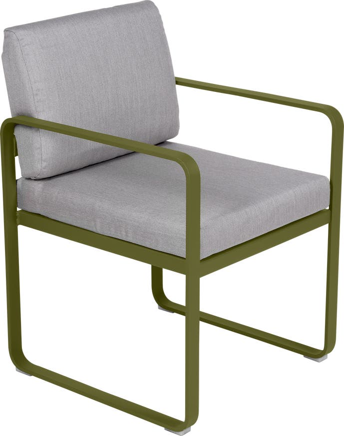 Fauteuil de repas BELLEVIE de Fermob, Pesto, Coussin Gris flanelle Fauteuil de repas BELLEVIE de Fermob, Pesto, Coussin Gris flanelle