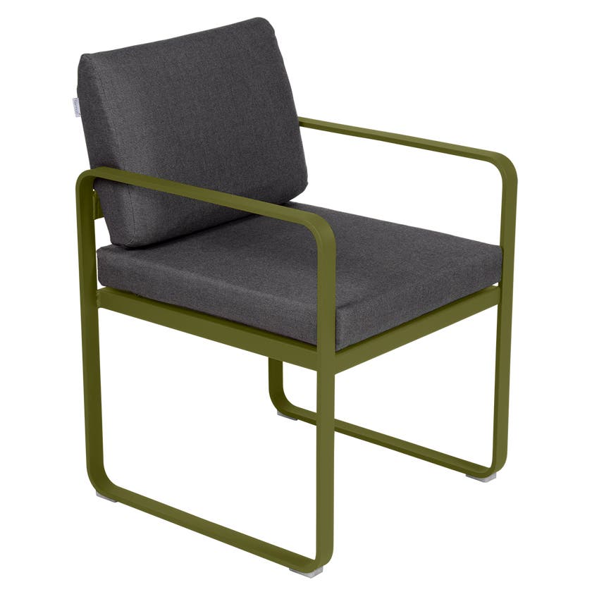 Fauteuil de repas BELLEVIE de Fermob, Pesto, Coussin Gris graphite Fauteuil de repas BELLEVIE de Fermob, Pesto, Coussin Gris graphite