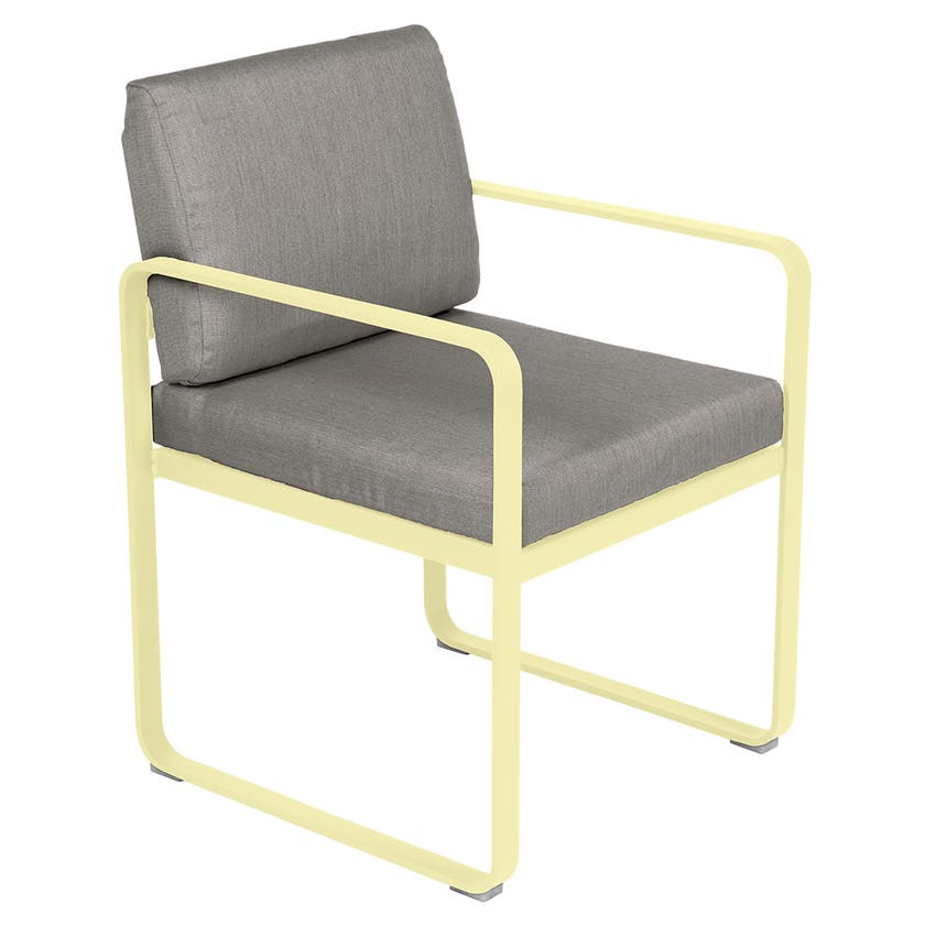 Fauteuil de repas BELLEVIE de Fermob, Citron givré, Coussin Taupe grisé Fauteuil de repas BELLEVIE de Fermob, Citron givré, Coussin Taupe grisé