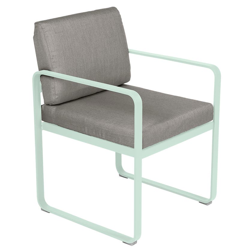 Fauteuil de repas BELLEVIE de Fermob, Menthe glaciale, Coussin Taupe grisé Fauteuil de repas BELLEVIE de Fermob, Menthe glaciale, Coussin Taupe grisé