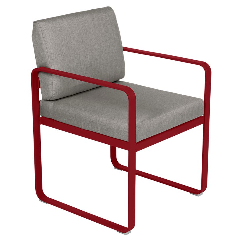 Fauteuil de repas BELLEVIE de Fermob, Piment, Coussin Taupe grisé Fauteuil de repas BELLEVIE de Fermob, Piment, Coussin Taupe grisé