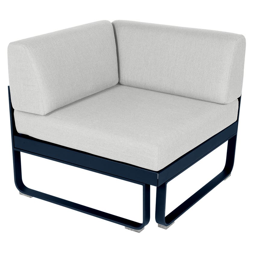 Module d'angle 1 place BELLEVIE de Fermob, Bleu abysse, Coussin Blanc grisé Module d'angle 1 place BELLEVIE de Fermob, Bleu abysse, Coussin Blanc grisé