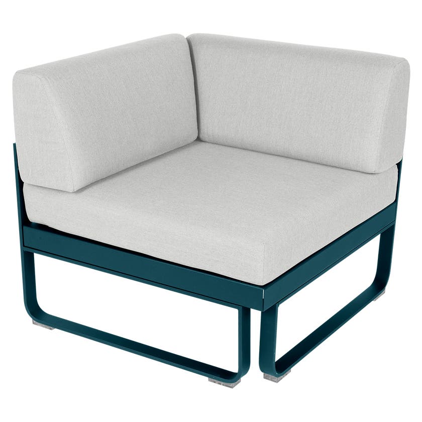 Module d'angle 1 place BELLEVIE de Fermob, Bleu acapulco, Coussin Blanc grisé Module d'angle 1 place BELLEVIE de Fermob, Bleu acapulco, Coussin Blanc grisé