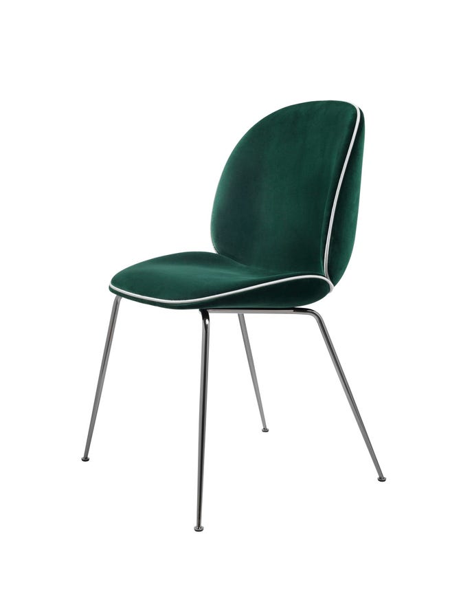 Chaise BEETLE Fully Upholstered avec pieds chromé noir de Gubi, Vert Chaise BEETLE Fully Upholstered avec pieds chromé noir de Gubi, Vert