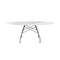 Table ovale GLOSSY de Kartell, 194 x 120 cm, Structure acier noir, Plateau marbre blanc