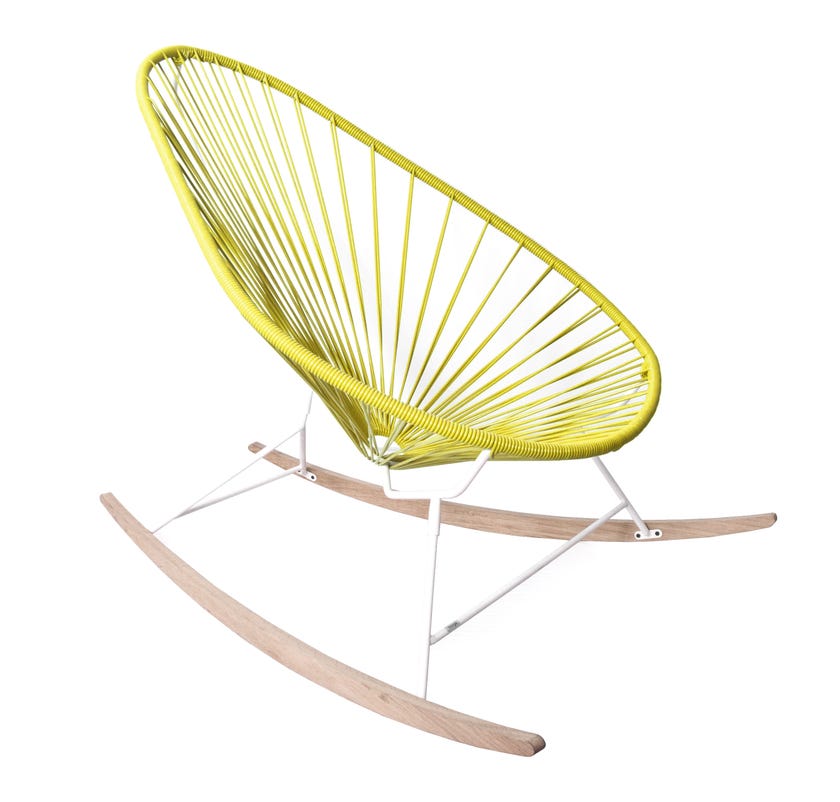 Fauteuil à bascule ACAPULCO de Boqa avec ski bois, structure blanche, Jaune moutarde Fauteuil à bascule ACAPULCO de Boqa avec ski bois, structure blanche, Jaune moutarde