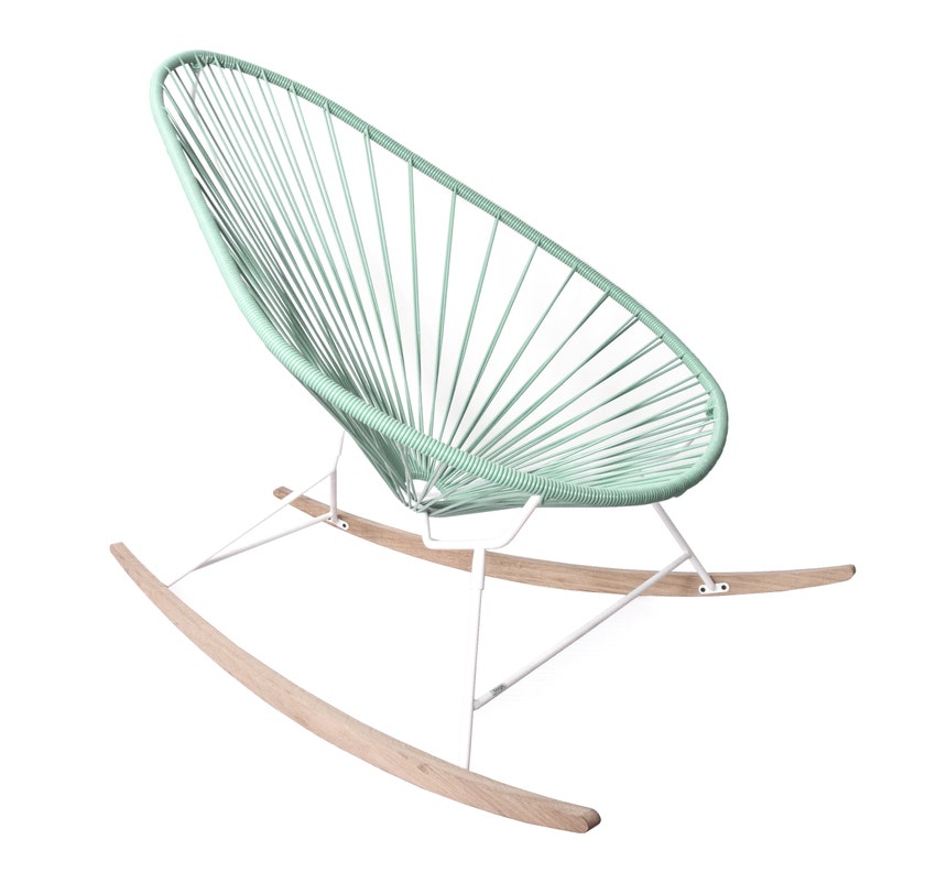 Fauteuil à bascule ACAPULCO de Boqa avec ski bois, structure blanche, Vert d'eau Fauteuil à bascule ACAPULCO de Boqa avec ski bois, structure blanche, Vert d'eau