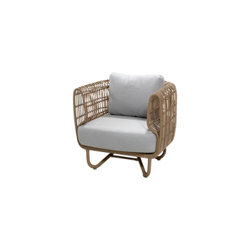 Fauteuil extérieur NEST, Rotin synthétique coloris naturel, Coussins gris clair