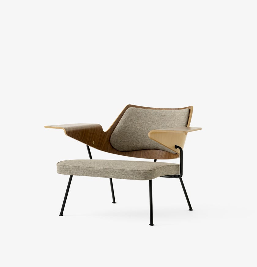 Fauteuil lounge RFH RD8, Dossier en Noyer et hêtre, Assise tissu Hallingdal 227