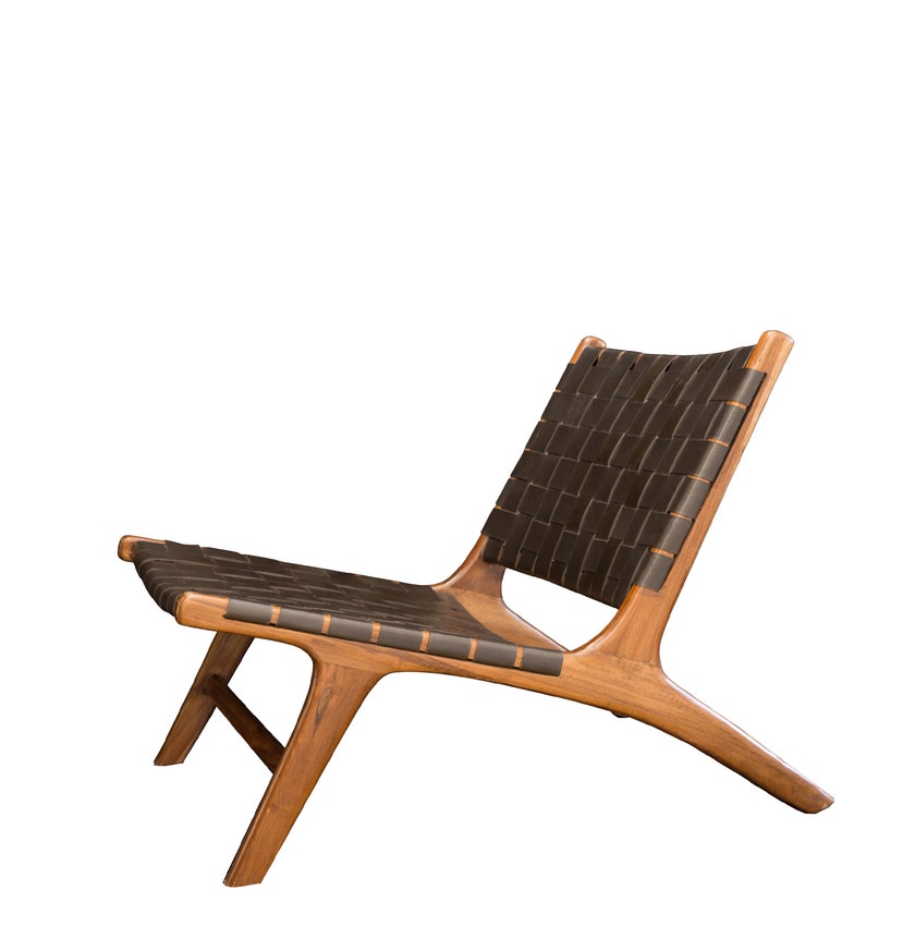 Chaise lounge BORO de Gong, Cuir marron foncé et teck naturel