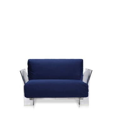 Fauteuil POP OUTDOOR de Kartell, Tissu Sunbrella Bleu, Structure transparente 