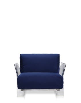 Fauteuil POP OUTDOOR de Kartell, Tissu Sunbrella Bleu, Structure transparente Fauteuil POP OUTDOOR de Kartell, Tissu Sunbrella Bleu, Structure transparente