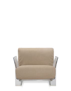 Fauteuil POP OUTDOOR de Kartell, Tissu Ikon Gris Tourterelle, Structure transparente Fauteuil POP OUTDOOR de Kartell, Tissu Ikon Gris Tourterelle, Structure transparente