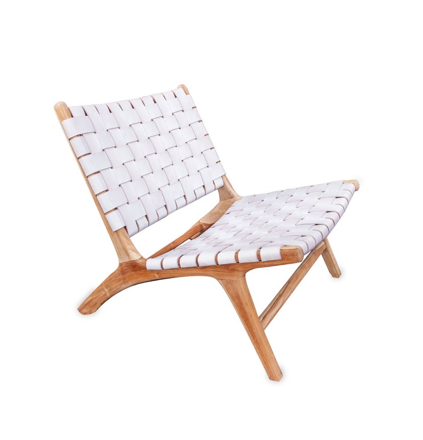 Chaise lounge BORO de Gong, Cuir blanc et teck brut
