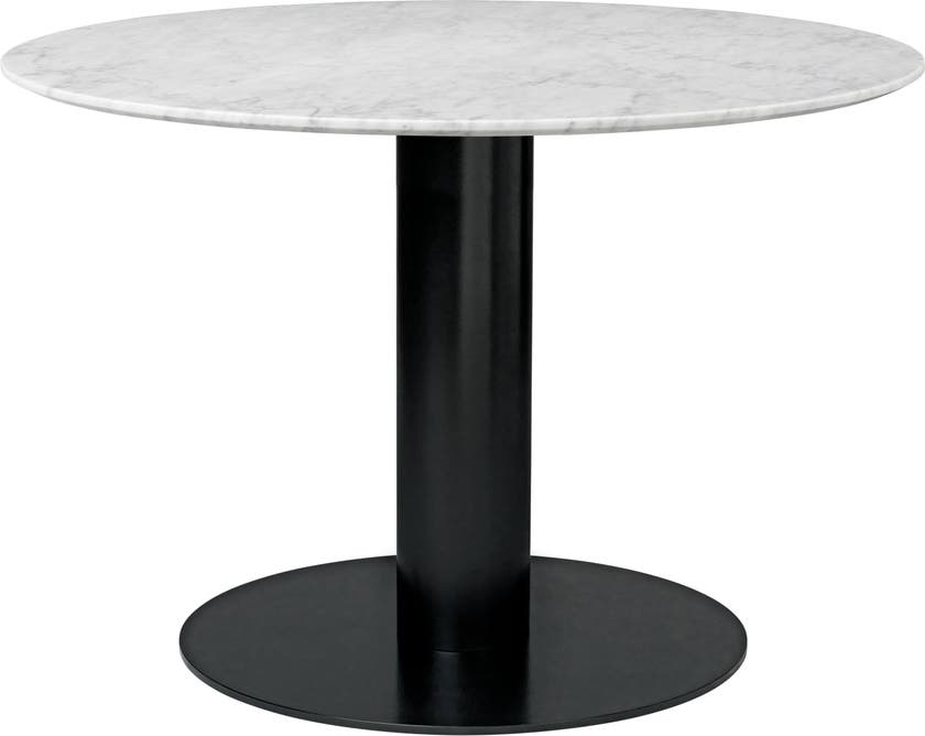 Table 2.0 de Gubi, Base noire, Ø110, White Carrara Marble Table 2.0 de Gubi, Base noire, Ø110, White Carrara Marble
