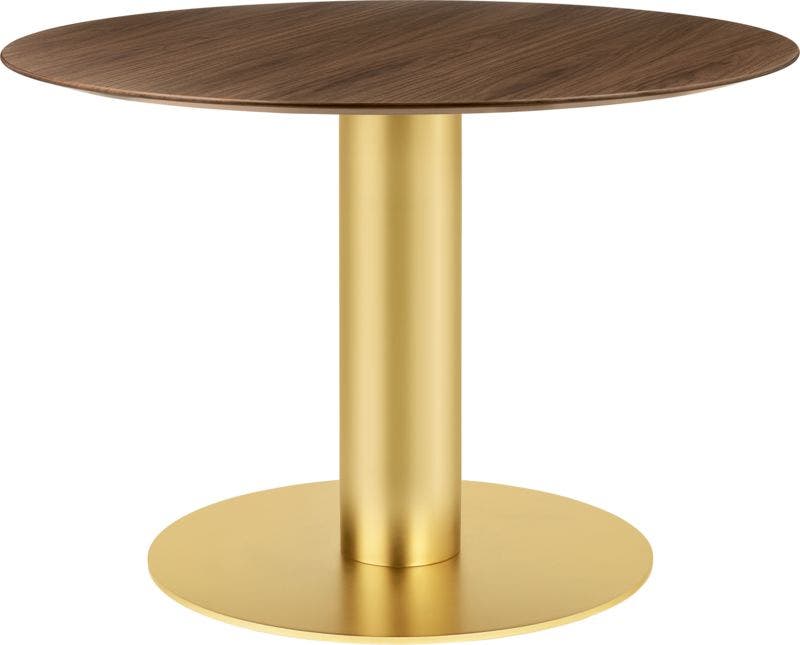 Table 2.0 de Gubi, Base laiton, Ø110, American Walnut Semi Matt Lacquered Table 2.0 de Gubi, Base laiton, Ø110, American Walnut Semi Matt Lacquered