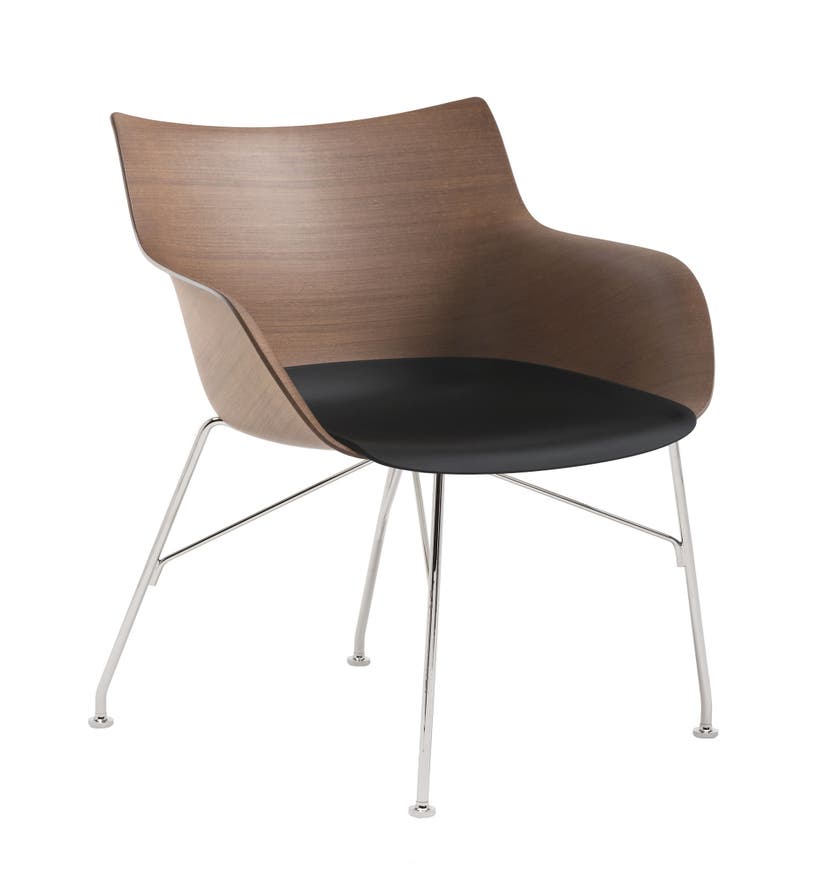 Fauteuil Q/WOOD de Kartell, Hêtre foncé, Noir - pied Chrome, hauteur d'assise 41,5