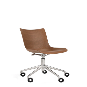 Chaise de bureau avec roulettes P/WOOD de Kartell, Assise bois foncé, Structure chrome