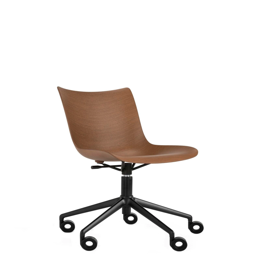 Chaise de bureau avec roulettes P/WOOD de Kartell, Assise bois foncé, Structure vernis noir