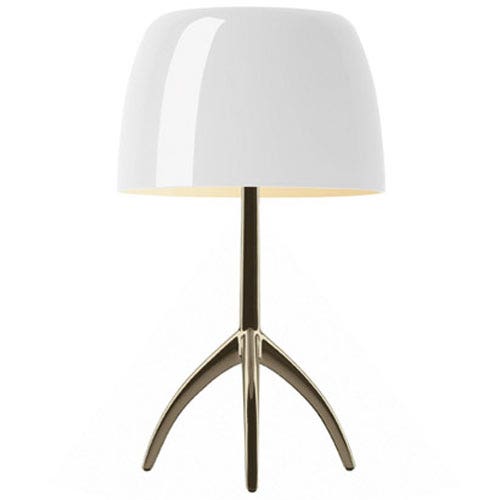 Lampe à poser LUMIERE PICCOLA AVEC VARIATEUR de Foscarini, Pied Champagne, Diffuseur Blanc Lampe à poser LUMIERE PICCOLA AVEC VARIATEUR de Foscarini, Pied Champagne, Diffuseur Blanc