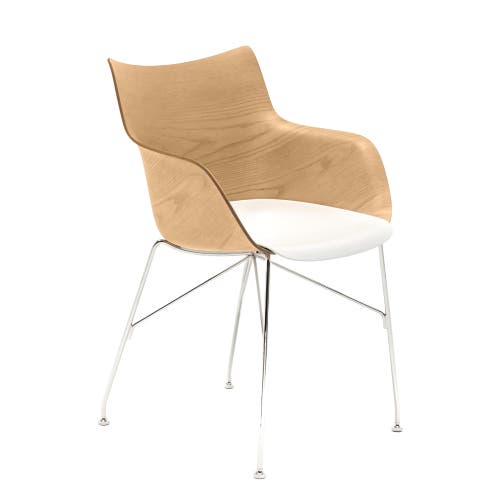Fauteuil Q/WOOD de Kartell, Hêtre clair, Blanc - pied Chrome Fauteuil Q/WOOD de Kartell, Hêtre clair, Blanc - pied Chrome