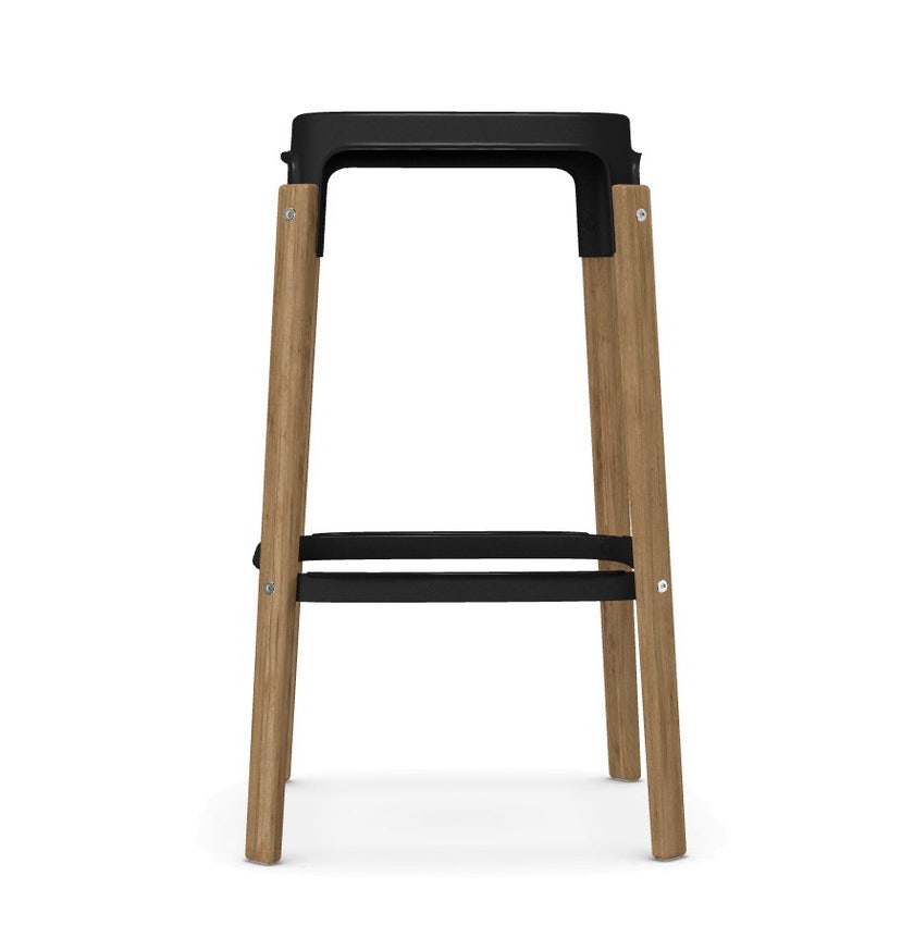 TABOURET STEELWOOD H.68, Pieds hêtre naturel, assise et dossier acier laque noir de Magis