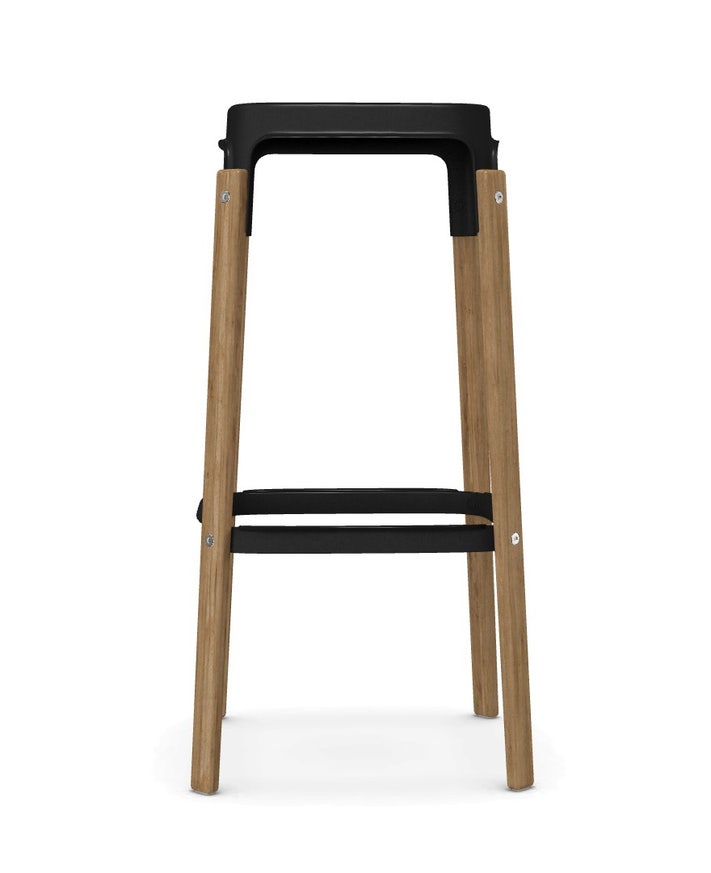 TABOURET STEELWOOD H.68, Pieds hêtre naturel, assise et dossier acier laque noir de Magis TABOURET STEELWOOD H.68, Pieds hêtre naturel, assise et dossier acier laque noir de Magis