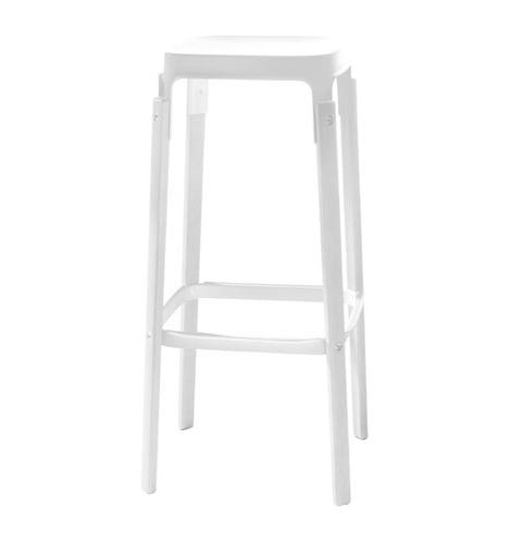 TABOURET HAUT STEELWOOD, H.78 cm, Piétement hêtre teinté blanc, assise et repose pieds acier laqué blanc de MAGIS