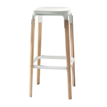 TABOURET HAUT STEELWOOD, H.78 cm, Piétement en hêtre naturel, assise et repose pieds acier laqué blanc de MAGIS
