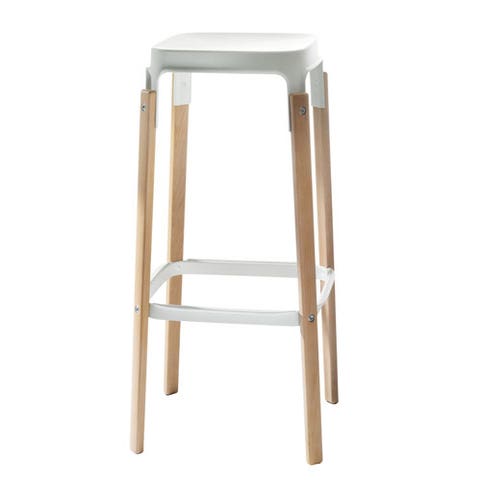 TABOURET HAUT STEELWOOD, H.78 cm, Piétement en hêtre naturel, assise et repose pieds acier laqué blanc de MAGIS