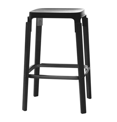 TABOURET STEELWOOD, H.68 cm, Piétement noir, assise et repose pied acier laqué noir de MAGIS